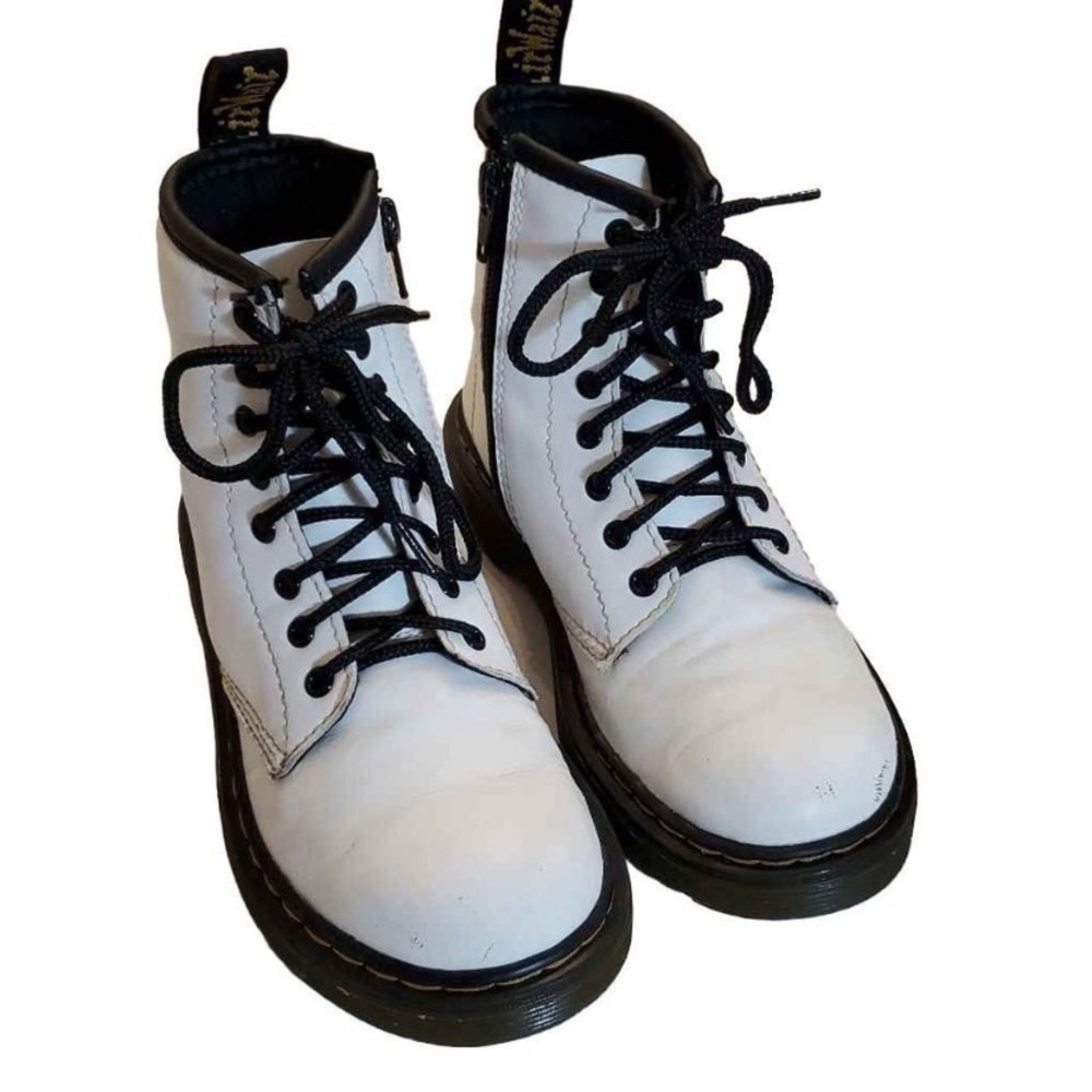 Dr. Martens White Leather Lace Up Combat Boots Youth Junior - Picture 5 of 14